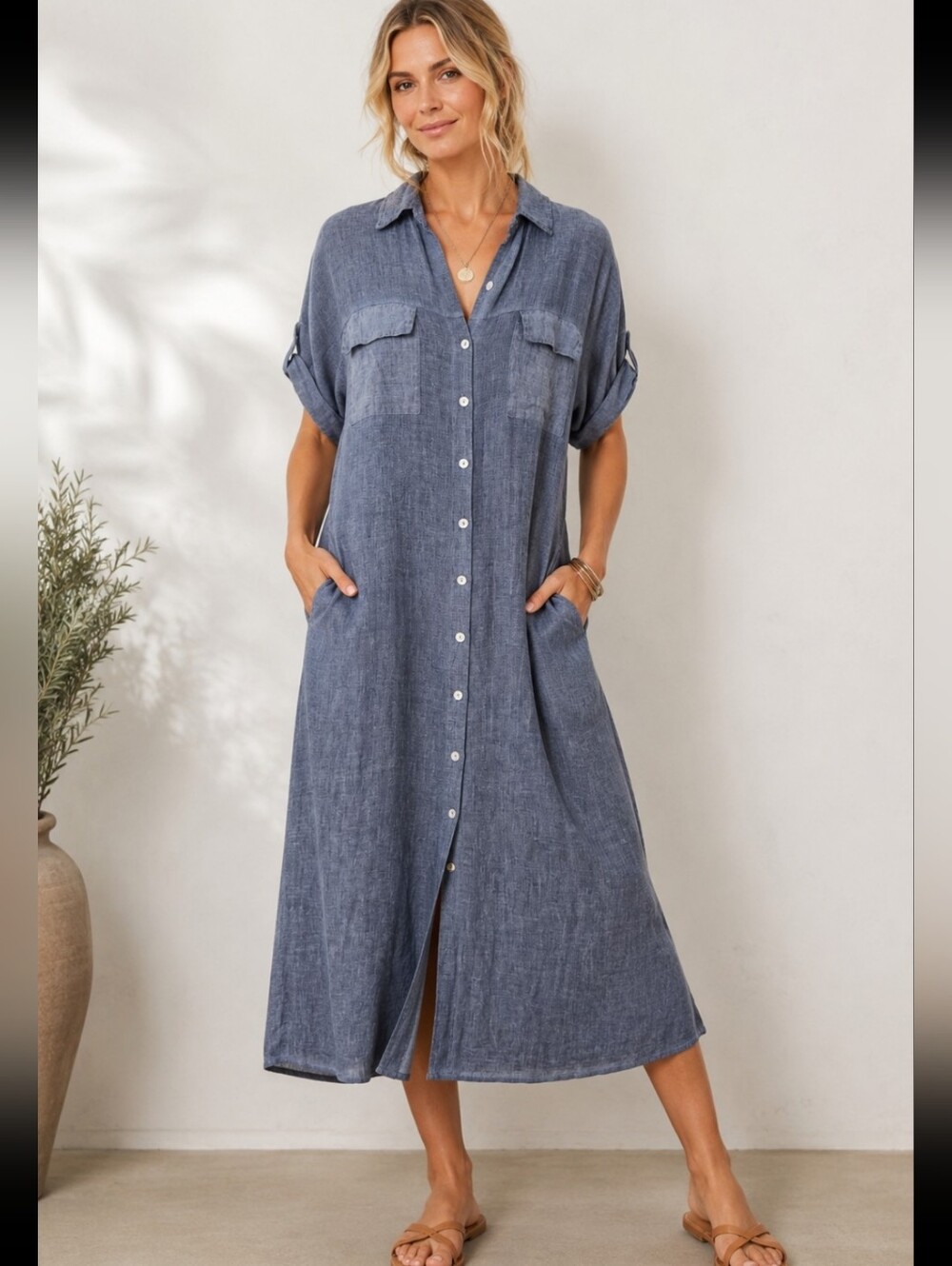 Light Chambray Blue  Linen Made In Italy Button-Down Midi Shirt Dress New Size L